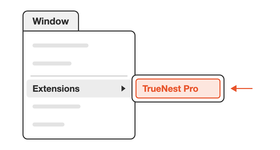 Illustrator menu Window > Extensions, with TrueNest Pro