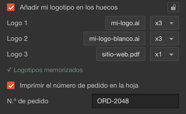Tres logotipos con su número de copias y, después, el número de pedido