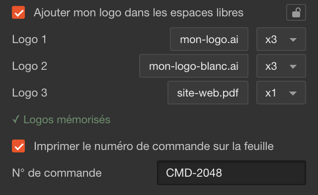 Trois logos avec leur nombre d'exemplaires, puis le numéro de commande