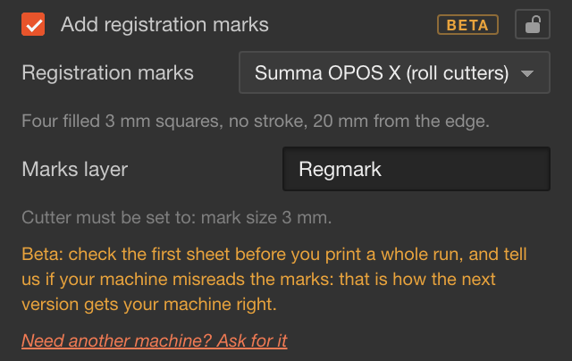 Add registration marks with the BETA badge, the machine menu and Marks layer