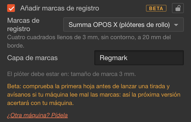Añadir marcas de registro con la etiqueta BETA, el menú de máquinas y Capa de marcas