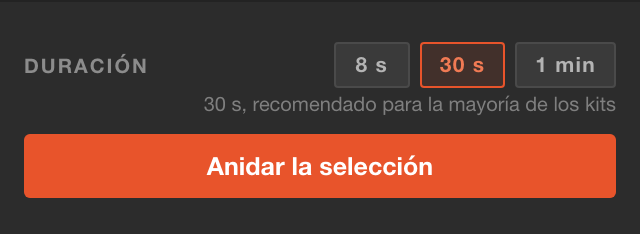 Duraciones 8 s, 30 s y 1 min y, después, el botón Anidar la selección