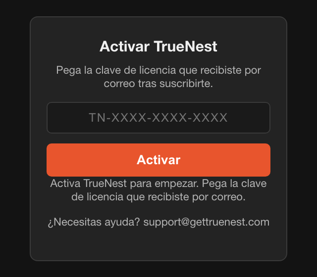 Tarjeta Activar TrueNest con el campo de la clave y el botón Activar