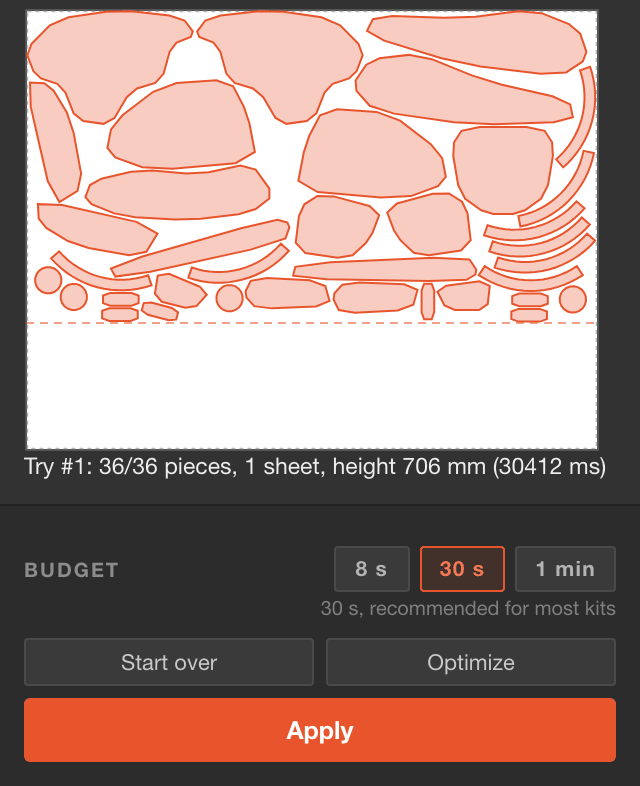 Sheet preview with 36 pieces, then Start over, Optimize and Apply