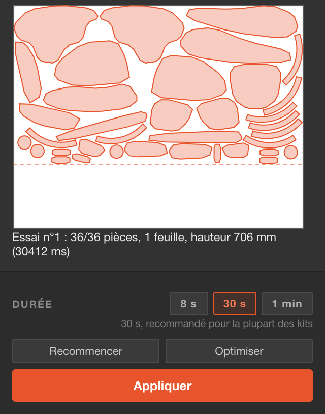 Aperçu de la feuille avec 36 pièces, puis Recommencer, Optimiser et Appliquer