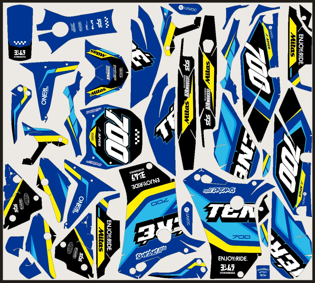 A Yamaha Ténéré 700 decal kit nested for print with other software