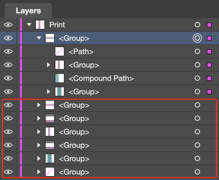 Layers panel with one group per piece
