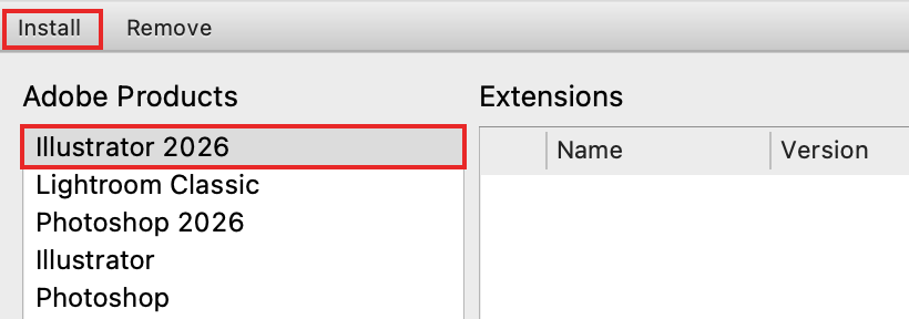 Extension Manager: Illustrator selected in the left column, Install at the top left