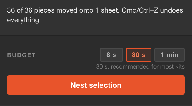 After Apply: 36 of 36 pieces moved onto 1 sheet, and Nest selection is back