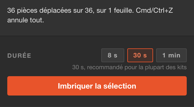 Après Appliquer : 36 pièces sur 36 déplacées sur 1 feuille, et Imbriquer la sélection est de retour