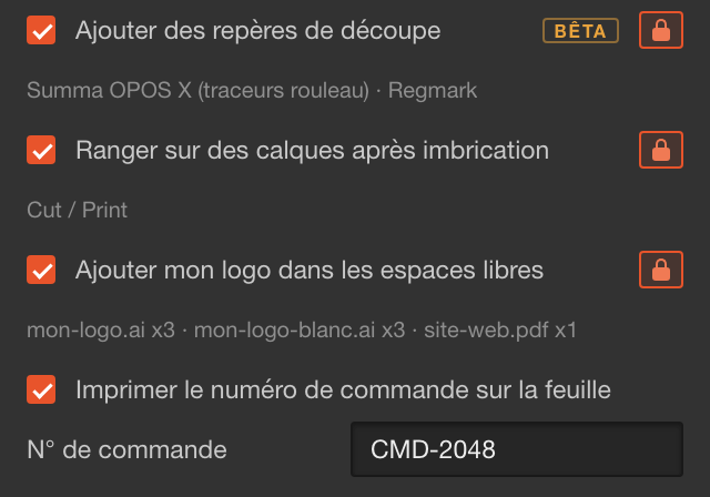 Sections de finition verrouillées, chacune repliée sur une ligne