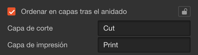 Ordenar en capas tras el anidado, con Capa de corte y Capa de impresión