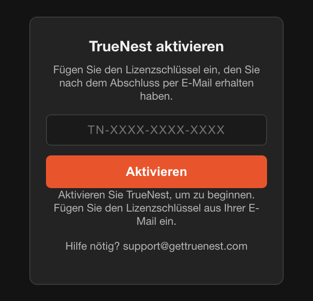 Karte TrueNest aktivieren mit dem Schlüsselfeld und der Schaltfläche Aktivieren