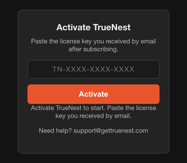 Activate TrueNest card with the key field and the Activate button