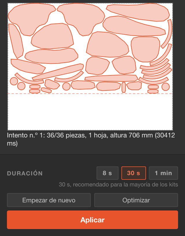 Vista previa de la hoja con 36 piezas y, después, Empezar de nuevo, Optimizar y Aplicar