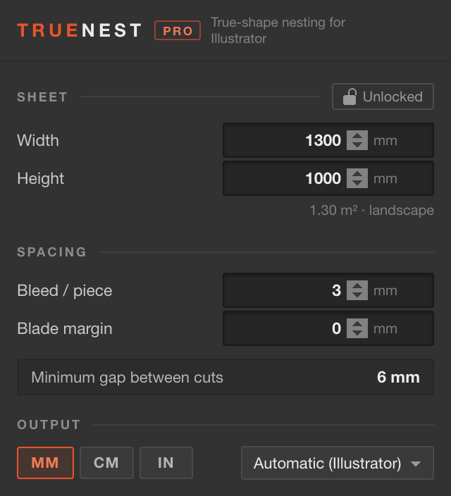 Top of the panel: SHEET, SPACING and OUTPUT