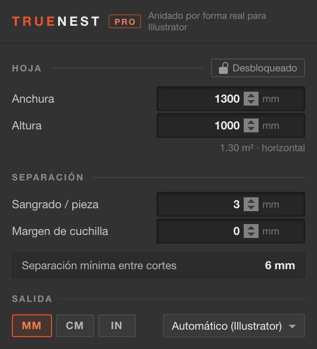 Parte superior del panel: HOJA, SEPARACIÓN y SALIDA