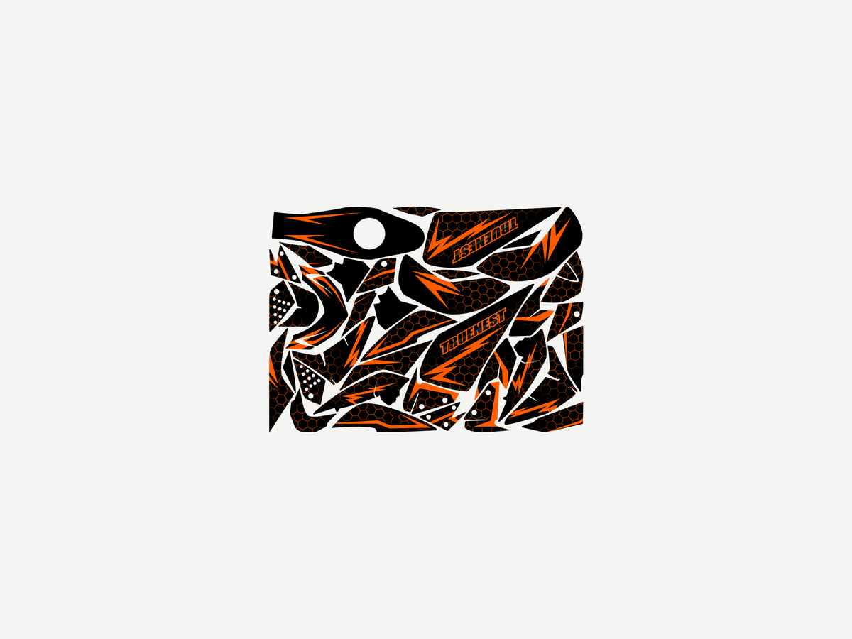 The same decal kit nested by true shape, its pieces packed tight