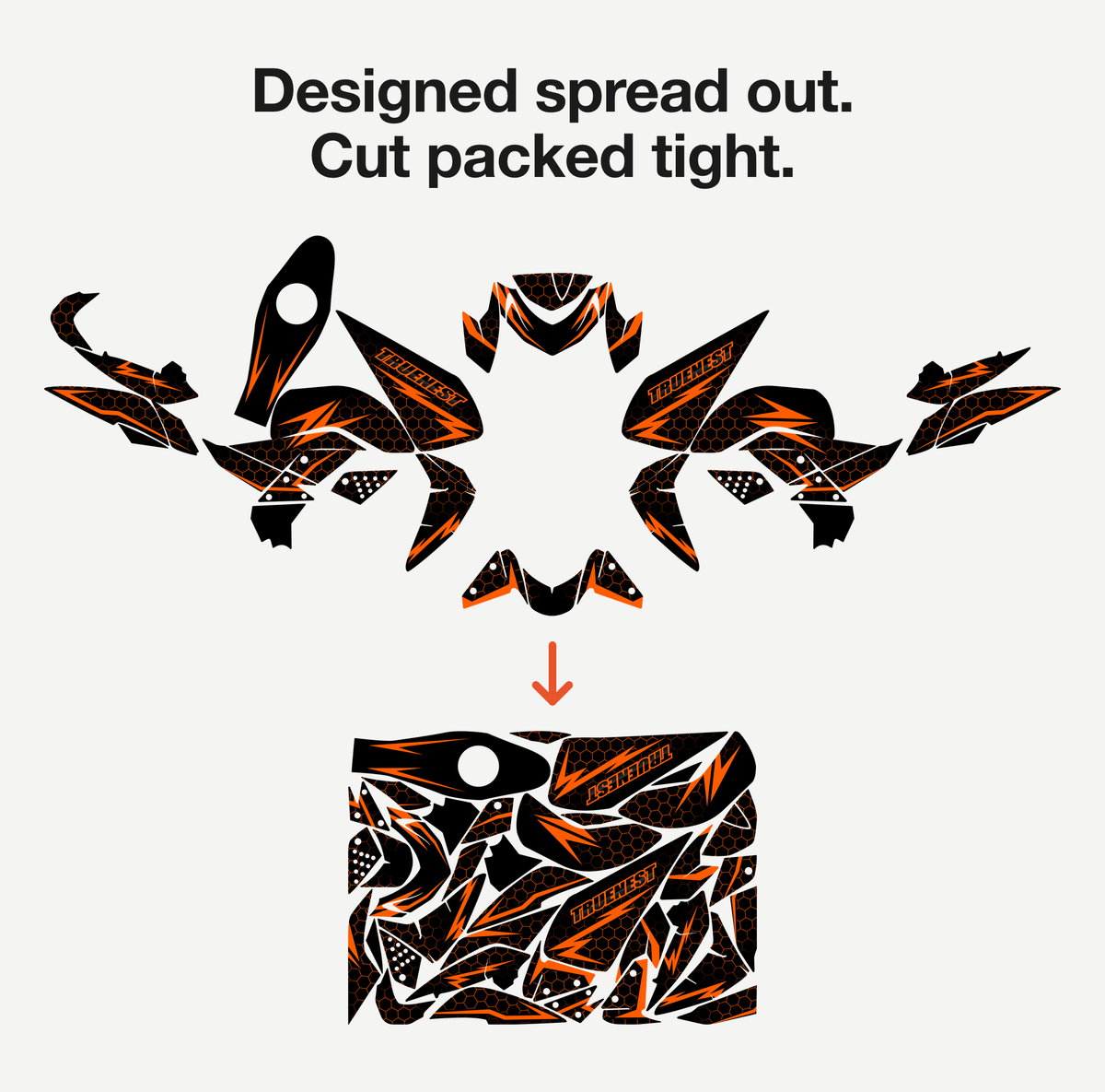 Designed spread out, cut packed tight: a decal kit as designed, above the same pieces nested by true shape
