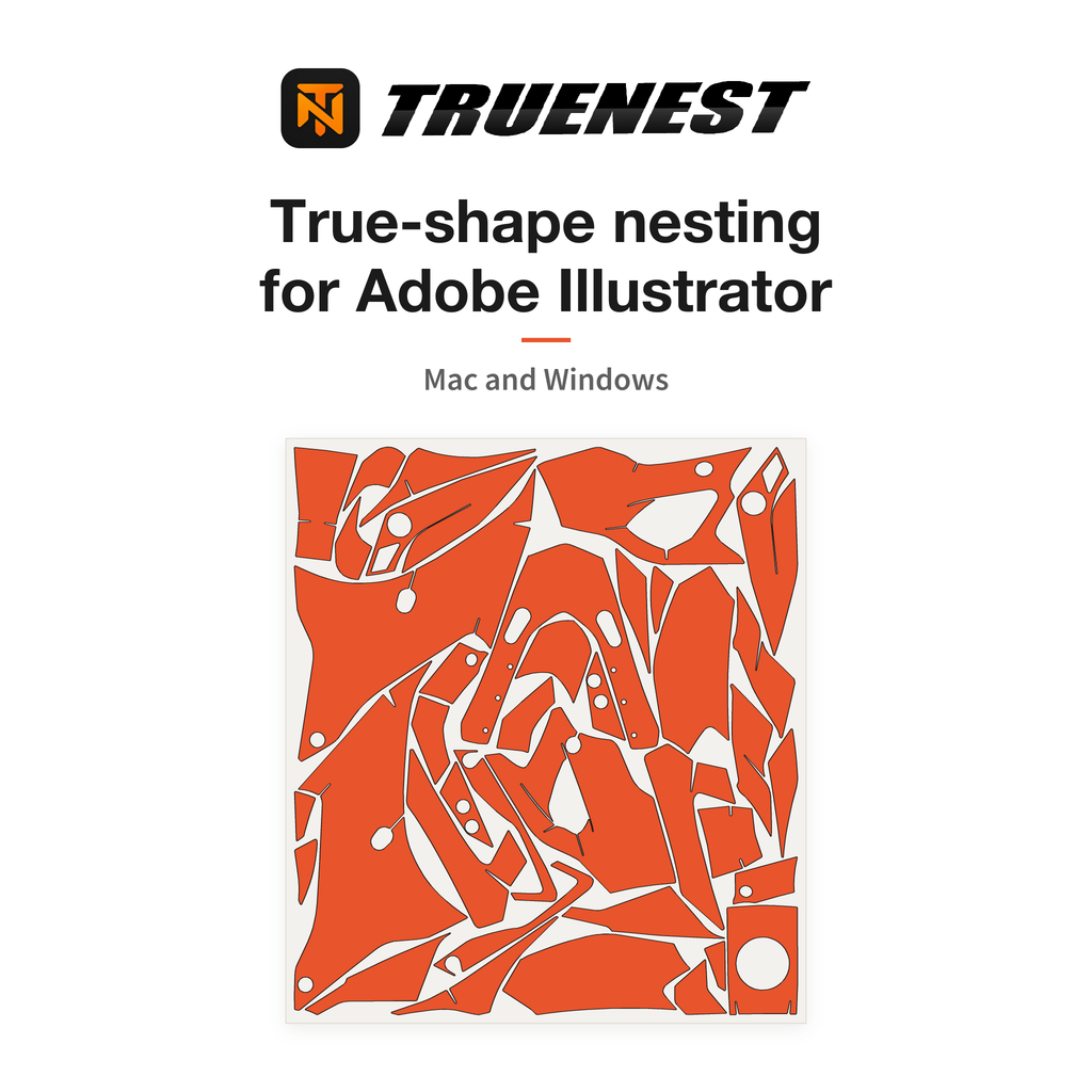 TrueNest Pro: true-shape nesting for Adobe Illustrator on Mac and Windows, above a sheet of nested decal pieces